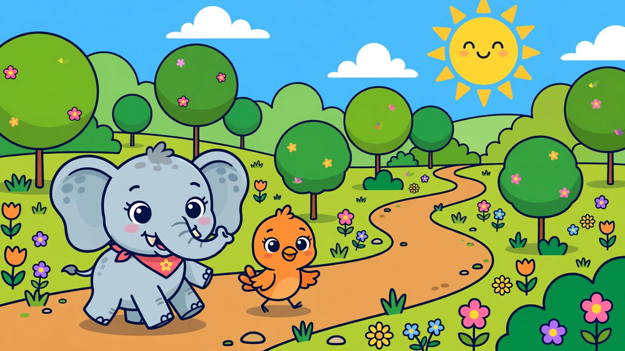 Milo the baby elephant and Pip the little bird walking under Sunny the smiling sun