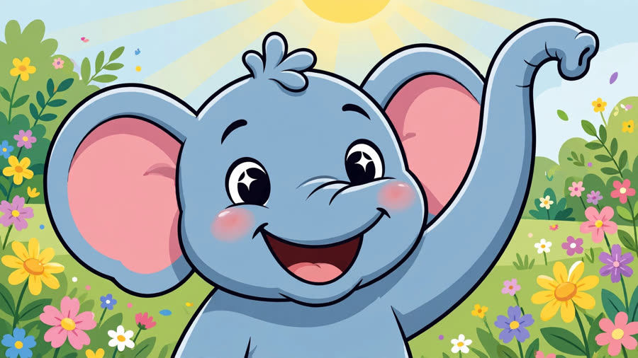Milo the baby elephant smiling in a flower field