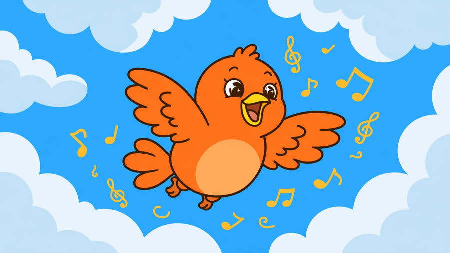Pip the little orange bird singing in the sky