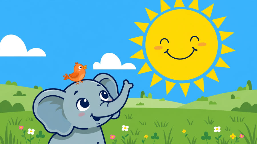 Sunny the smiling sun shining over Milo and Pip