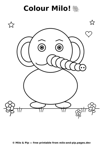 Preview of the Colour Milo colouring page — Milo the elephant in bold outlines