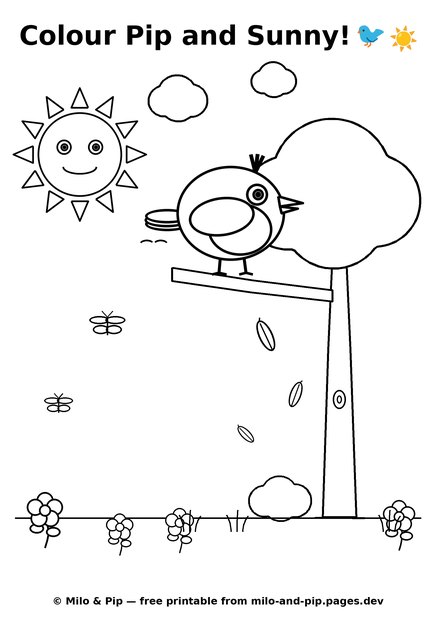 Preview of the Colour Pip and Sunny colouring page — Pip on a tree branch under Sunny the sun