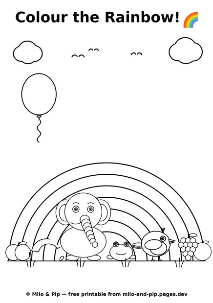 Preview of the Colour the Rainbow colouring page — Milo, Pip, the frog and the six colour objects under a big rainbow